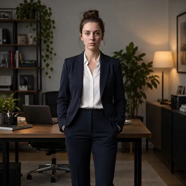 Professional woman in a navy business suit, framed as a polished studio headshot